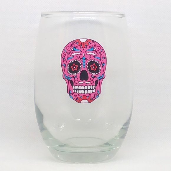 🩷💀 Pink Day of the Dead Scull Heavy Stemless Wine Glass 🍷 15.5oz NWT 💀🩷 - Picture 1 of 5